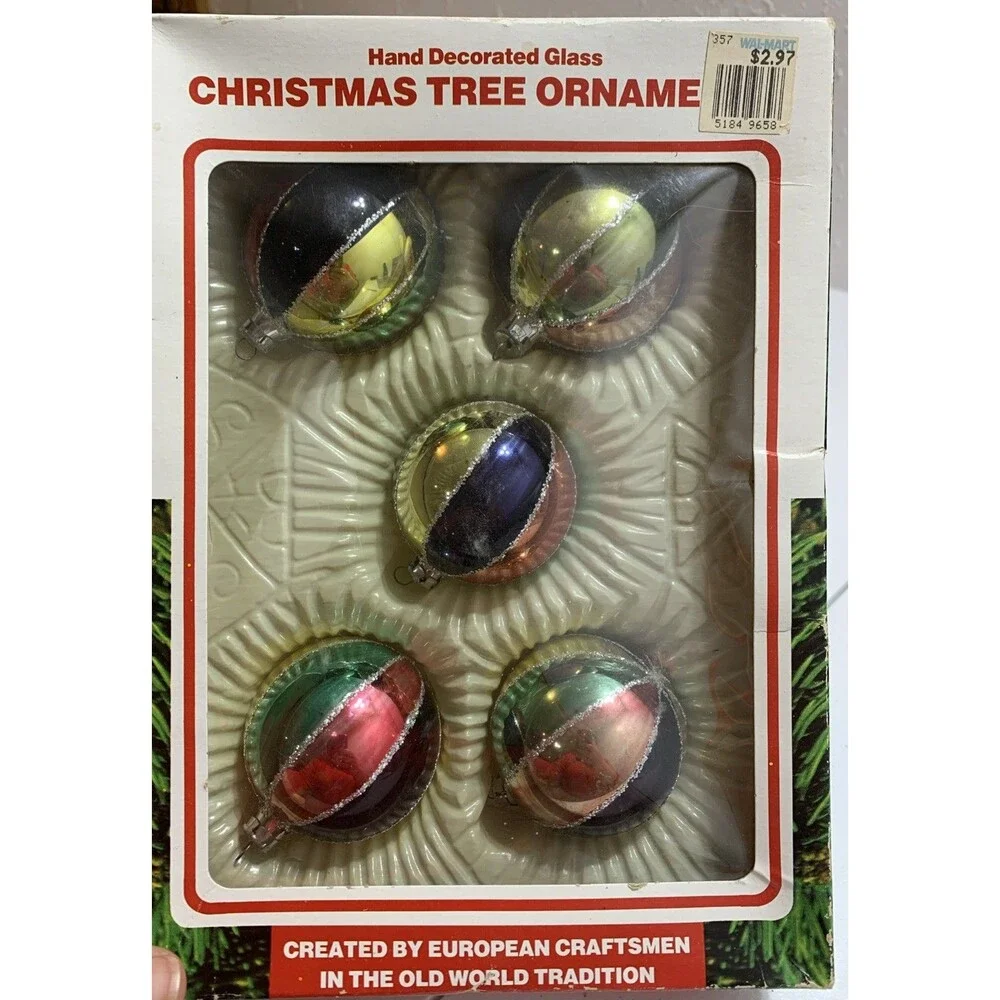 Vintage 5 Romania Glass Ornaments 1970s Hand Decorated Christmas Original Box